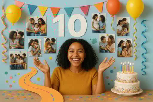 Cleo celebrating 10 years of supporting families with a celebratory visual representing our journey